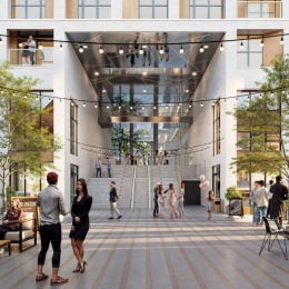 a rendering of a building and walkway with people outside around it