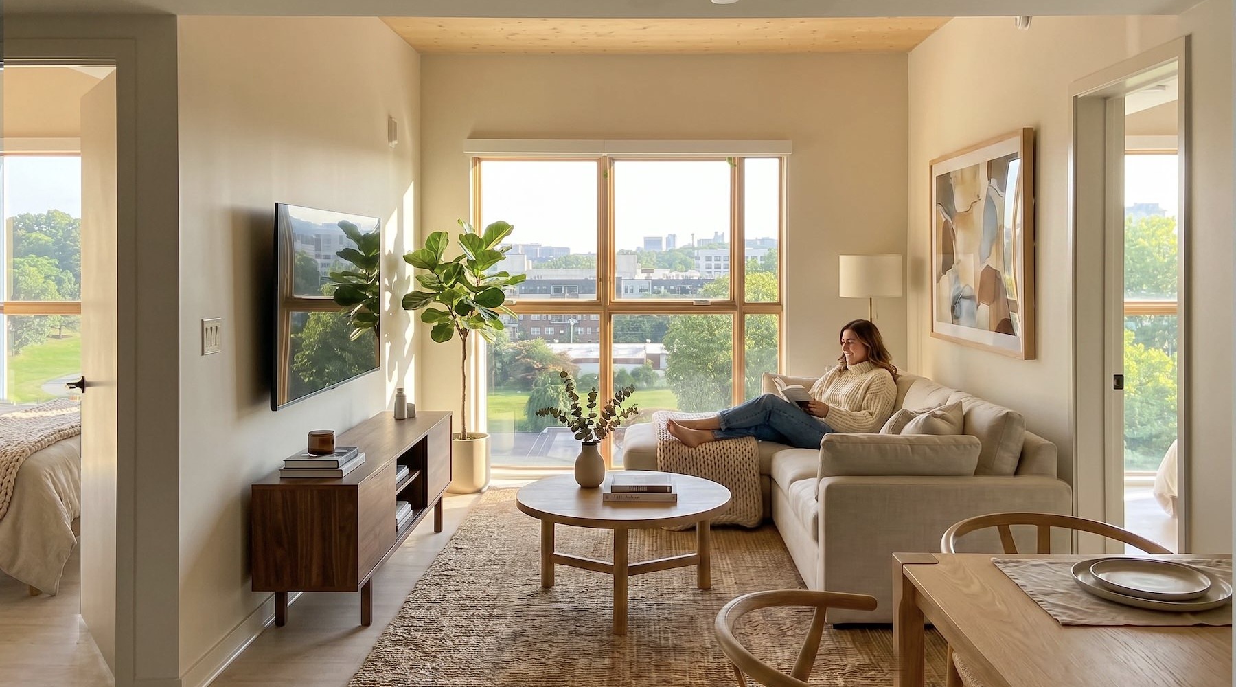 a person relaxing in a living room with furniture tv plant and windows