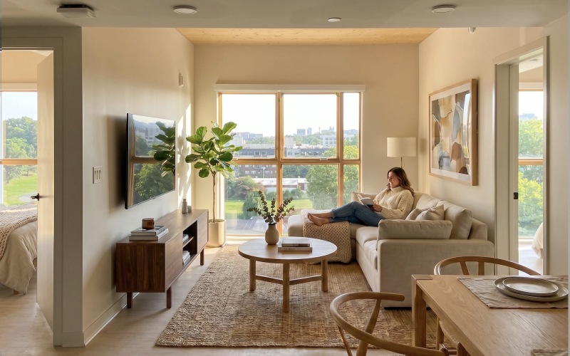 a person relaxing in a living room with furniture tv plant and windows