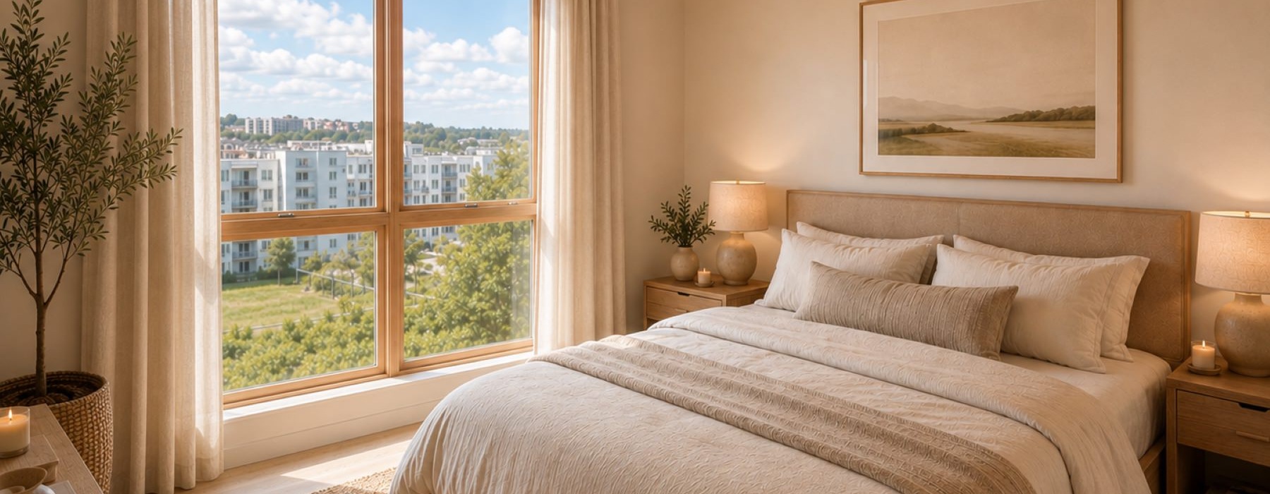 bedroom with bed lamps plants and large windows