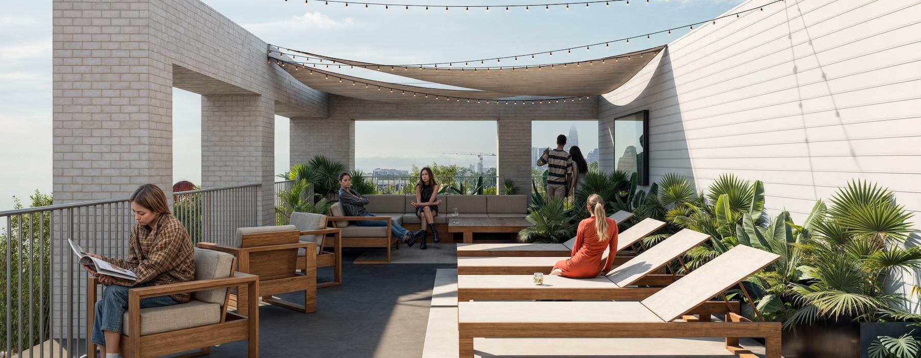 a group of people sitting on benches outside a building